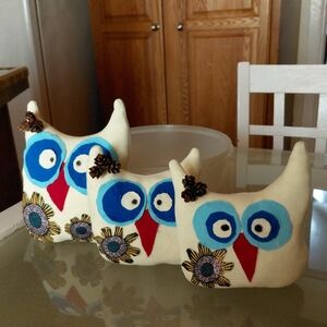 Handmade Yellow  Owl Trio with Blue Eyes and Red Beaks Large One 8" Tall